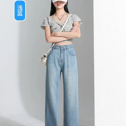 Jeans da donna in seta ghiaccio, nuovi, estivi 2026, in denim sottile e morbido, a gamba dritta e larga, modello baggy, versatili, blu ﻿