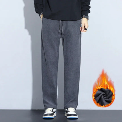 Coffee Khaki Black Gray Loose Casual Pants Men Winter Fleece Thermal Fashion Trousers Thick Velvet Straight Wide Leg Sweatpants