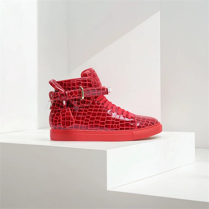 Men Red Crocodile Pattern High Top Sneakers Glossy Patent Leather Metal Buckle Lace-up Casual Shoes Streetwear Male Footwear