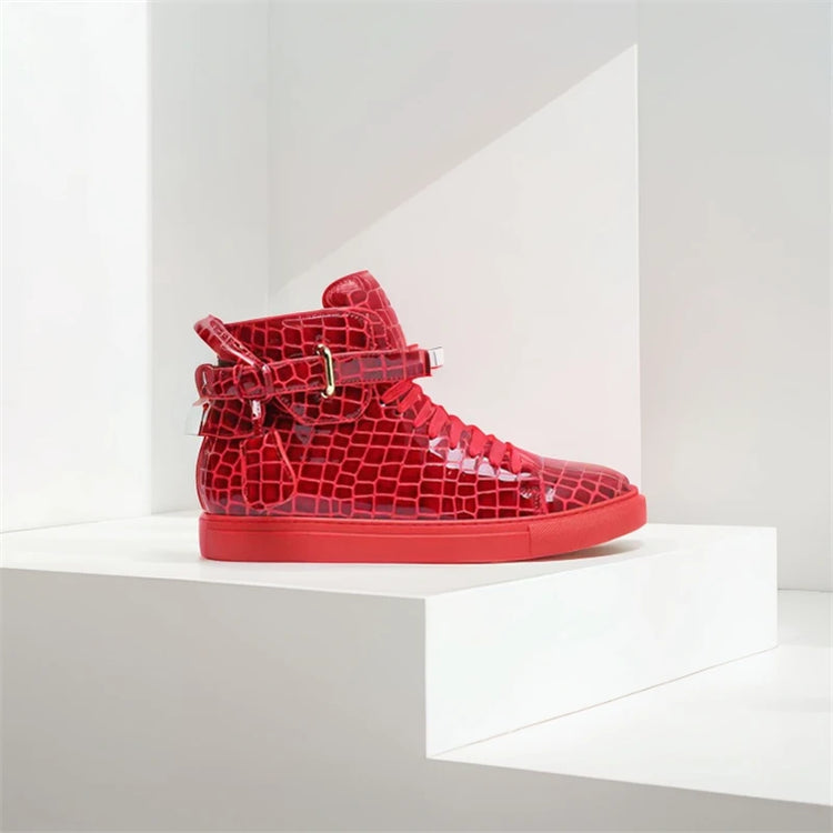 Men Red Crocodile Pattern High Top Sneakers Glossy Patent Leather Metal Buckle Lace-up Casual Shoes Streetwear Male Footwear