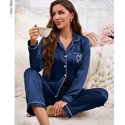 Vestiti per la casa delle donne Pigiama in raso Autunno Tasca a maniche lunghe Ricamo a forma di cuore Top e pantaloni Pigiama Femme Loungewear Pj Set