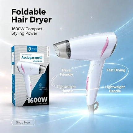 1600W Foldable Travel Hair Dryer, 100‑240V Dual‑Voltage Portable Blow Dryer with Cold Air Function & Hanging Loop for Travel Home Hair Styling