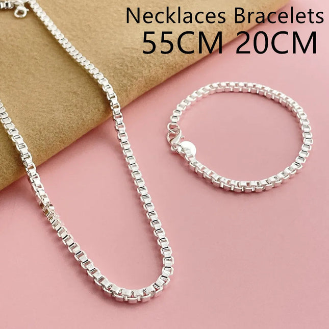 Andara Set di collana e bracciale a catena quadrata in argento sterling 925 da 4 mm per gioielli da festa per uomini e donne platinumshop