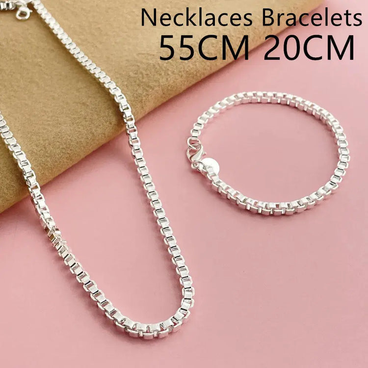Andara Set di collana e bracciale a catena quadrata in argento sterling 925 da 4 mm per gioielli da festa per uomini e donne platinumshop