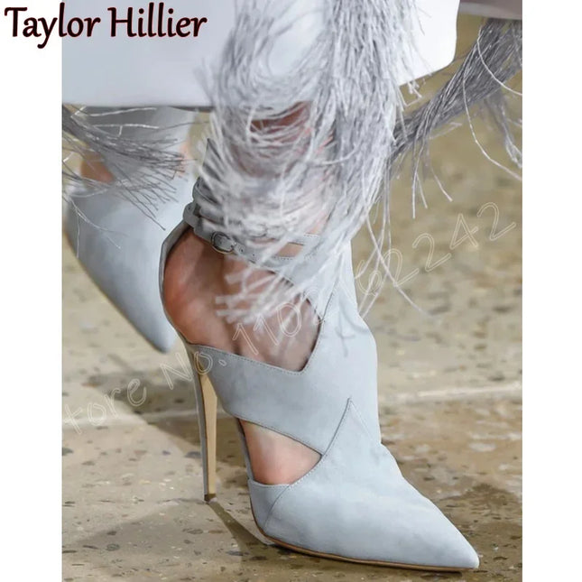 Spring new suede pointed-toe pumps pin buckle strap high heels breathable fashion pumps elegant catwalk luxury women's shoes 46
