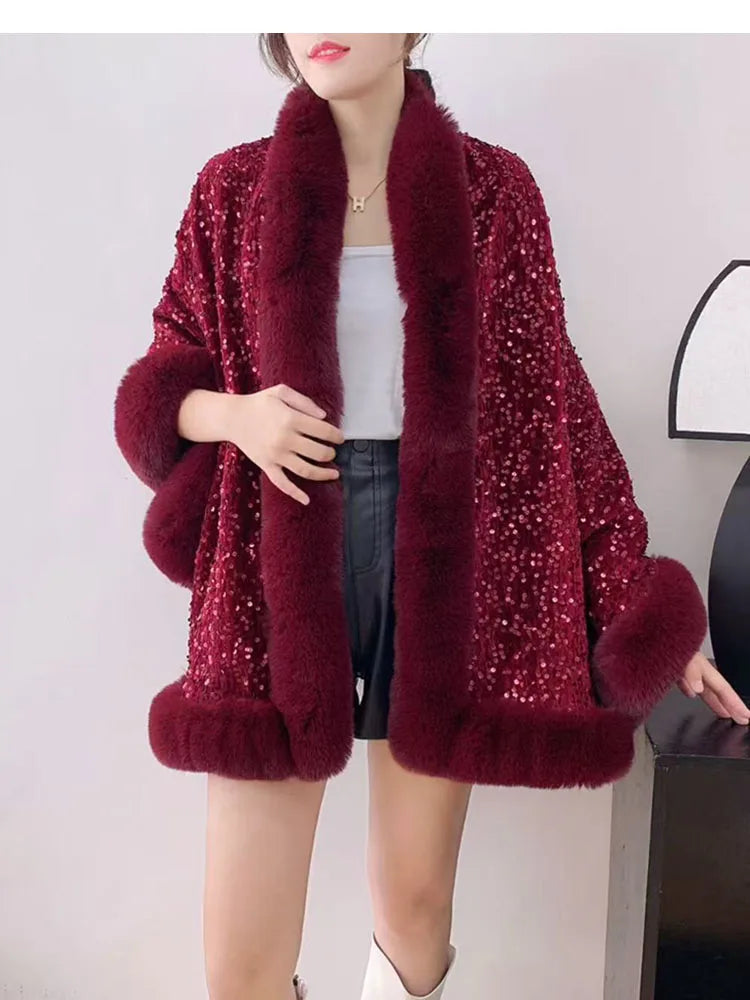ZADORIN Fashion Sequins Long Furry Warm Faux Fur Coat Woman Autumn Winter Fur Cape Ponch Wedding Party Fur Shawl Cloak Cardigans