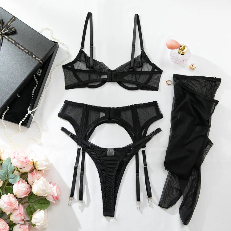 Luxury Dark Style 4Pcs Women's Lingerie Set Push-up Underwire Bra Garter Belt Thong Panty Stocking Erotic Intimate Outfits