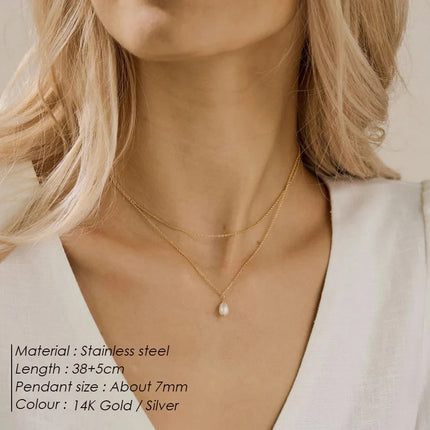 eManco Minimalist Freshwater Pearl Necklace Women Girls 14K Gold Plated Stainless Steel Double Layer Necklace Wedding Jewelry PlatiNum