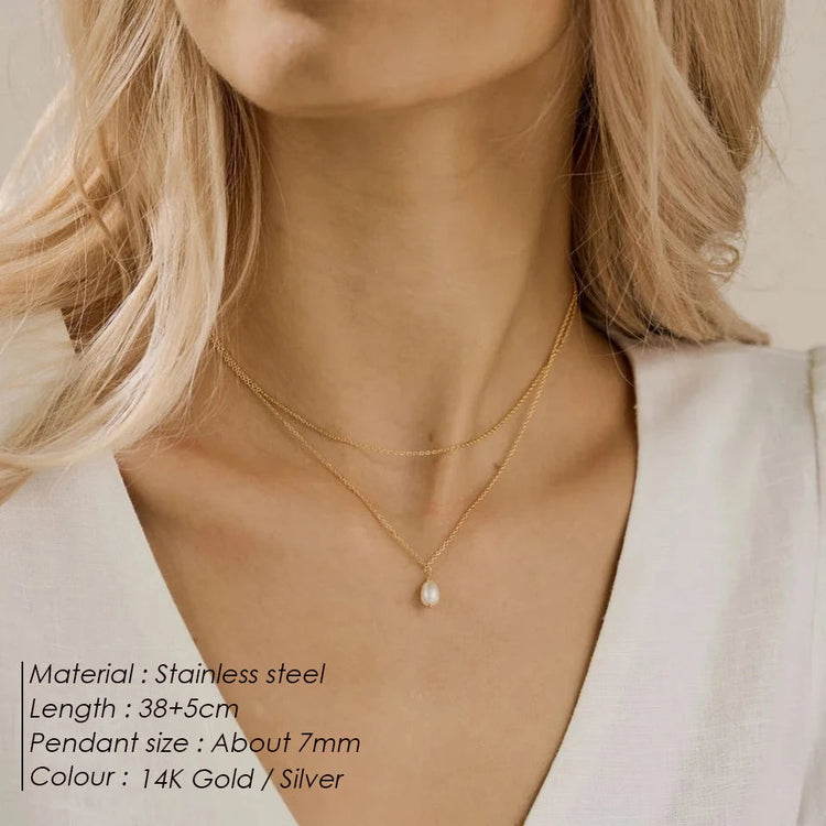 eManco Minimalist Freshwater Pearl Necklace Women Girls 14K Gold Plated Stainless Steel Double Layer Necklace Wedding Jewelry PlatiNum