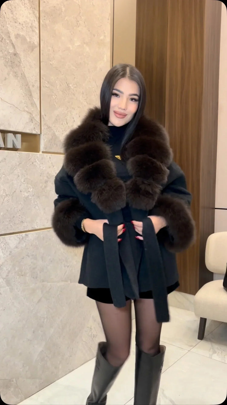 Lady Faux Fur Collar Cuffs Patchwork Short Overcoat  Belted Lace Up Loose Warm Jacket New Winter Daily Street Women's Outerwear