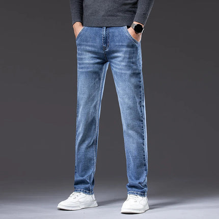 Autumn Men's Business Straight Fit Jeans Vintage Blue Smoke Gray Stretch Trousers Soft Comfortable Fabric Denim Pants Male PlatiNum