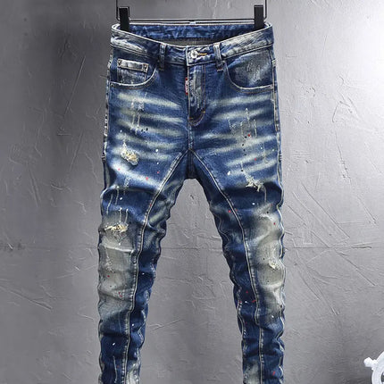 Street Designer Fashion Men Jeans Retro Blue Stretch Slim Fit Spliced Ripped Jeans Men Y2K Painted Vintage Denim Pants Hombre PlatiNum