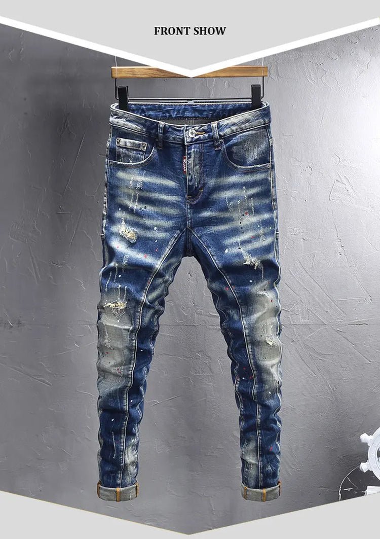 Street Designer Fashion Men Jeans Retro Blue Stretch Slim Fit Spliced Ripped Jeans Men Y2K Painted Vintage Denim Pants Hombre PlatiNum