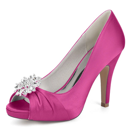 Primavera Boca de pescado Punta redonda Diamantes de imitación de seda Zapatos de boda impermeables de tacón alto para mesa Sandalias de mujer de talla grande para vestido de banquete