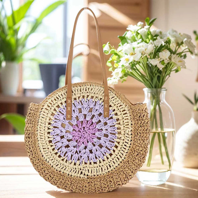 Sac de paille d'été rond avec sac à bandoulière de plage avec fermeture à glissière et couleur assortie, grand sac de plage tissé, sac de voyage de vacances
