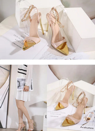New Summer Sandals Women Fashion Gold Chain Ankle Strap Sexy Peep Toe Ladies Metal High Heels Sandals Woman Party Shoes Pumps PlatiNum
