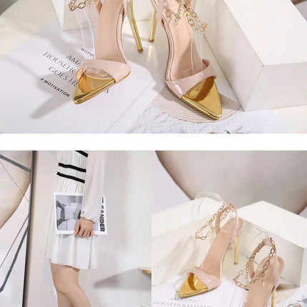 New Summer Sandals Women Fashion Gold Chain Ankle Strap Sexy Peep Toe Ladies Metal High Heels Sandals Woman Party Shoes Pumps PlatiNum