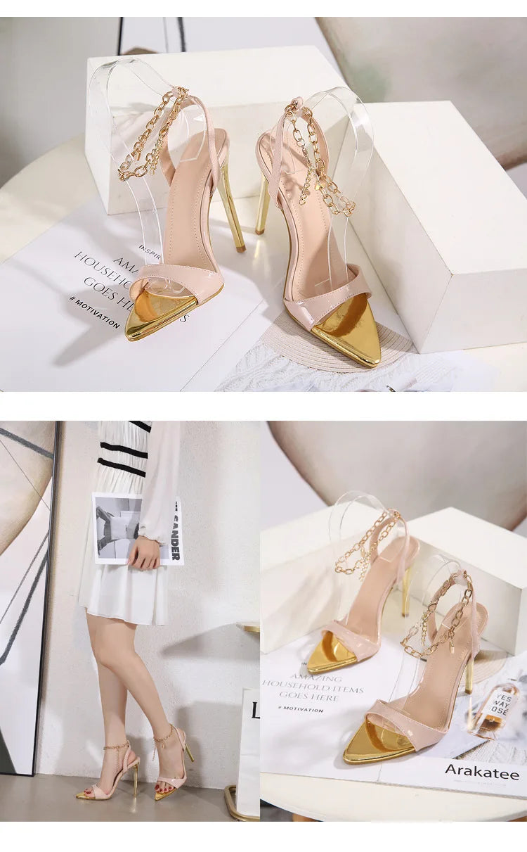 New Summer Sandals Women Fashion Gold Chain Ankle Strap Sexy Peep Toe Ladies Metal High Heels Sandals Woman Party Shoes Pumps PlatiNum