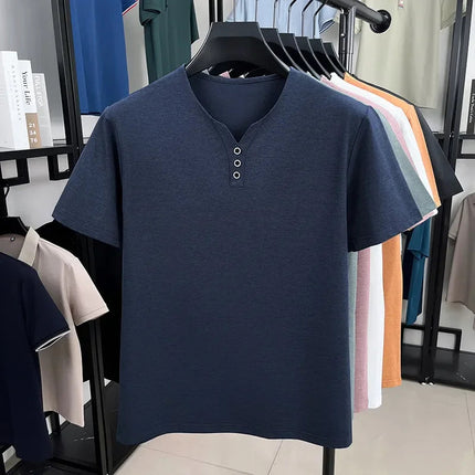 New Men's Casual and Fashionable Three Button V-neck Solid Color Short Sleeved T-shirt Summer Versatile Top PlatiNum