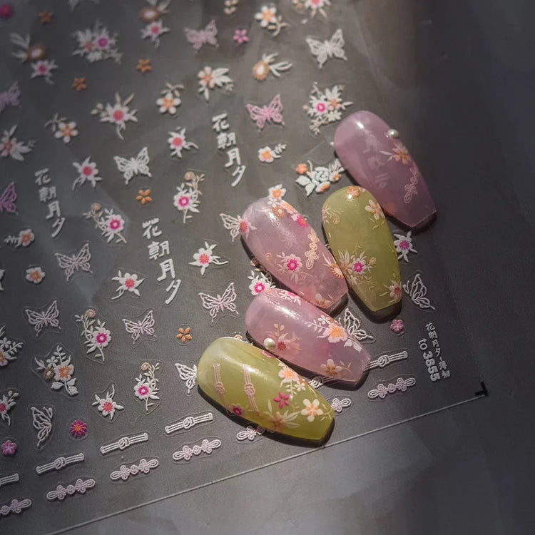 5D Kawaii Lily Nail Art Stickers 1pcs Japanese Pink White Flower With Diamond Self Adhesive Nail Decorations Slider Decals DIY