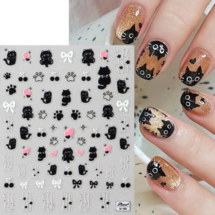 Cute Black Cat Nail Stickers Decals 5D Embossed Kawaii Cat Flowers Star Nail Art Decoration Cute Cartoon Sliders Summer Manicure