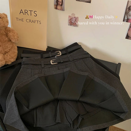 MEXZT Streetwear Woolen Mini Skirt Women Fashion Harajuku with Belt Black Pleated Skirts Fall Winter Preppy Korean A Line Faldas PlatiNum