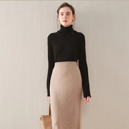 100% pure wool skirt new women's autumn and winter mid-length high-waisted thin cashmere skirt knitted all-match hip skirt PlatiNum