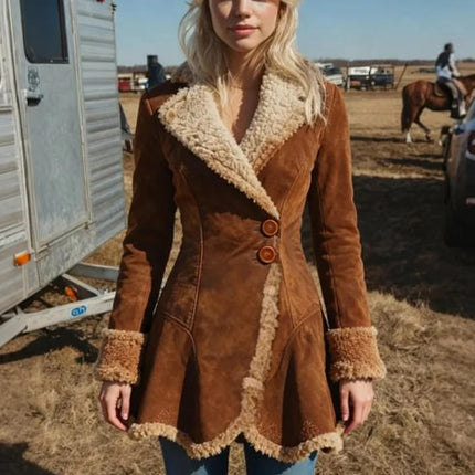 Women's Vintage Suede Coat Fur Collar Lapel  Beggar Style