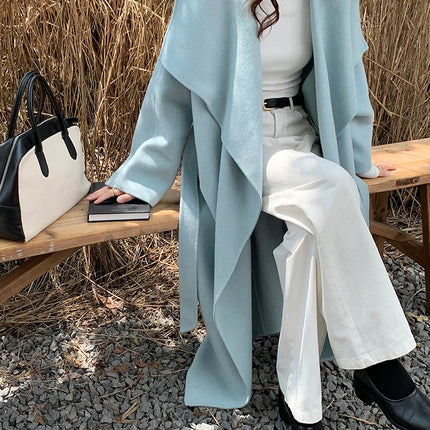 High-end Women Double-sided Wool Long Coat Warm Baby Blue Lapel Loose Double Breasted Wool Coat Female Fashion Autumn Winter