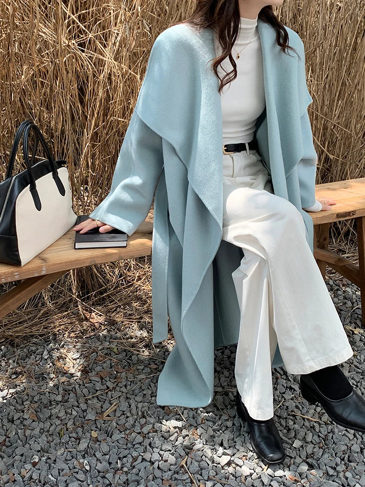 High-end Women Double-sided Wool Long Coat Warm Baby Blue Lapel Loose Double Breasted Wool Coat Female Fashion Autumn Winter