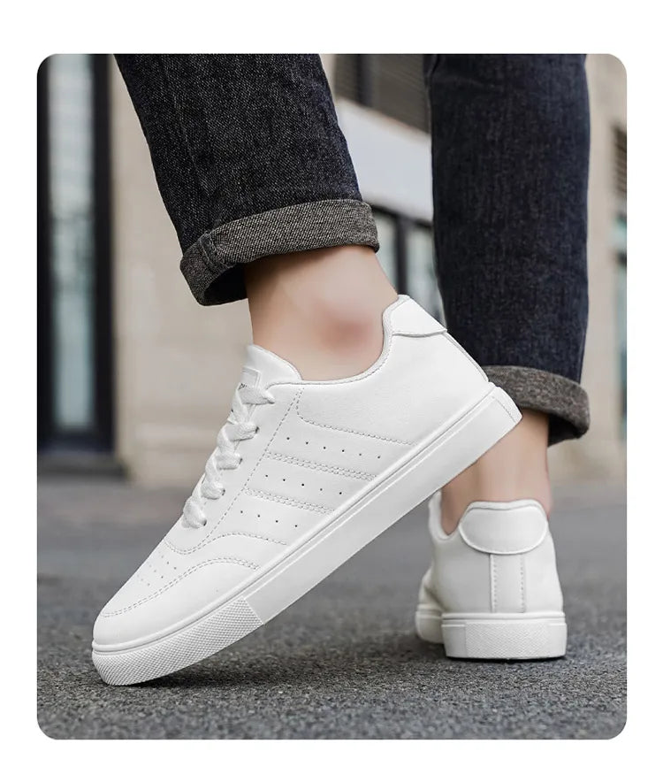 Men Classic Leather Skate Shoes Lace Up Flat Casual Sneakers Non Slip Daily Walking Footwear Black White 2 Colors