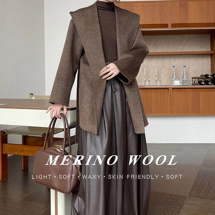 Brushed 100% Wool Coat Women Hooded Belted Wrap Coat Long-Pile Double-Faced Texture Unlined Relaxed Fit Short Coats Fall Winter