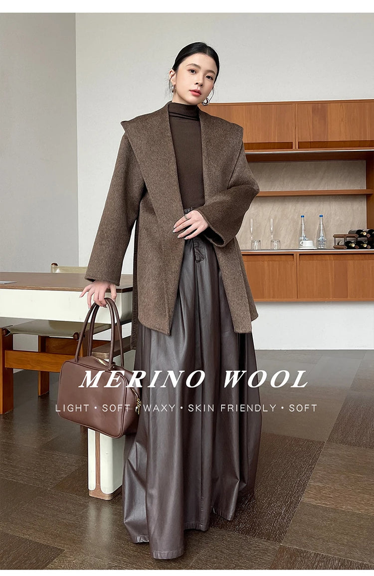 Brushed 100% Wool Coat Women Hooded Belted Wrap Coat Long-Pile Double-Faced Texture Unlined Relaxed Fit Short Coats Fall Winter