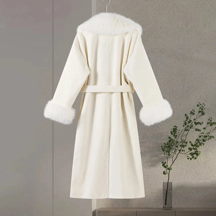Retro Black Fur Patchwork Woolen Coat Women Chic Full Sleeve V-neck Lace Up Loose Long Overcoat 2025 Lady Winter Commute Outwear