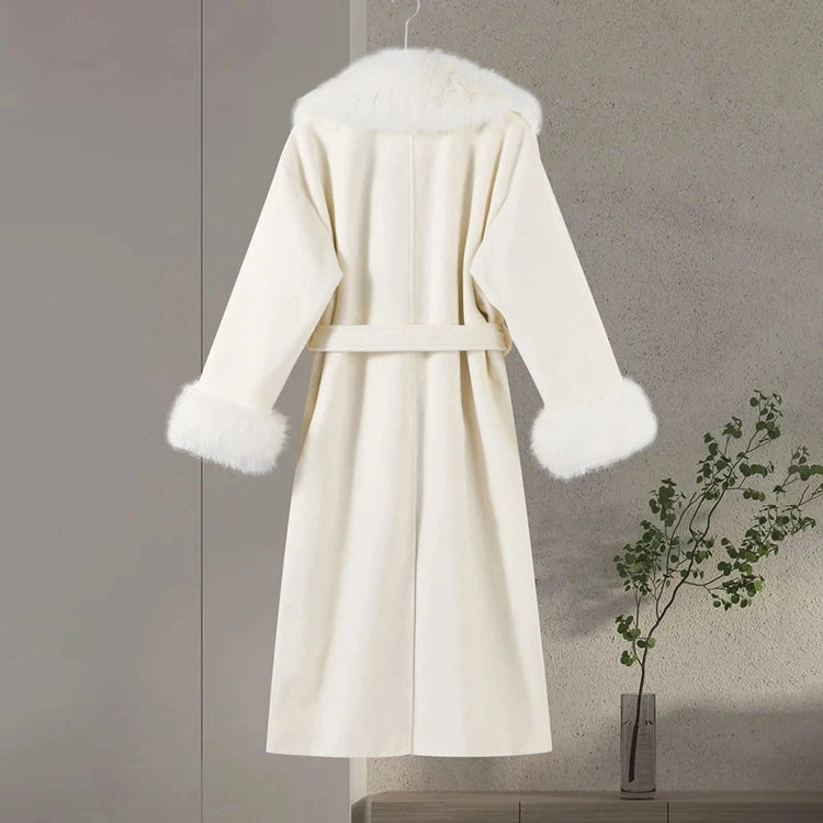 Retro Black Fur Patchwork Woolen Coat Women Chic Full Sleeve V-neck Lace Up Loose Long Overcoat 2025 Lady Winter Commute Outwear