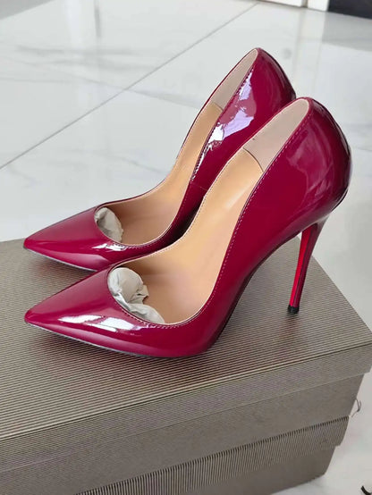 Sizes 48 Classic Style Women Patent Pointed Toe Slip On 12cm High Heel Shoes Elegant Ladies Plain Stiletto Pumps Black Red White