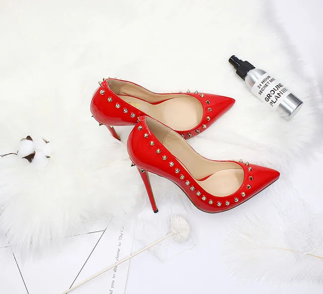 Women 12CM Stiletto Fashion Rivet High Heels Black Red Shallow Mouth Single Shoes Club Party Female Pointy Pumps Plus Size 34-45