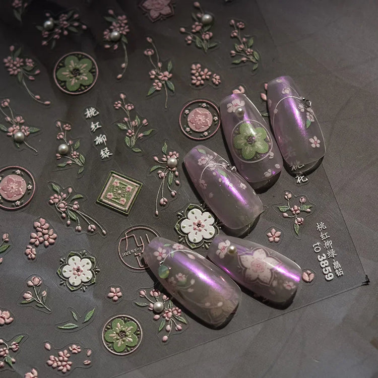 5D Kawaii Lily Nail Art Stickers 1pcs Japanese Pink White Flower With Diamond Self Adhesive Nail Decorations Slider Decals DIY