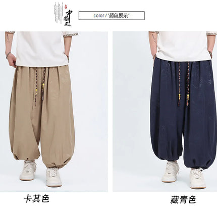Pantaloni Estivi da Uomo Stile Cinese in Seta Ghiaccio con Motivo Drago Ukiyo-e, Comodi e Trendy, Pantaloni Casual Oversize da Uomo