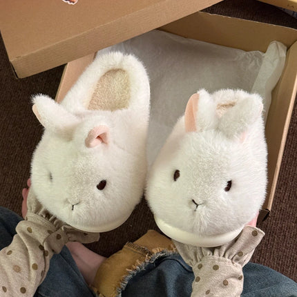 Novelty Cartoon Rabbit Slippers For Women Upright Ear Bunny Fluffy Plush Mules Woman Warm Full Back Home Slippers Winter Shoes