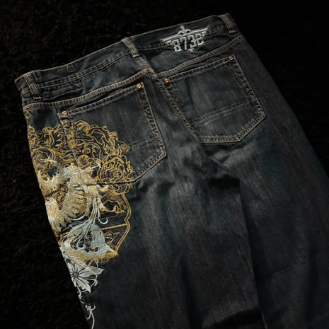 American New Fashion Oversized Embroidered Baggy Jeans Men Y2K Gothic Harajuku Hip Hop High Waist Wide Leg Straight Pants