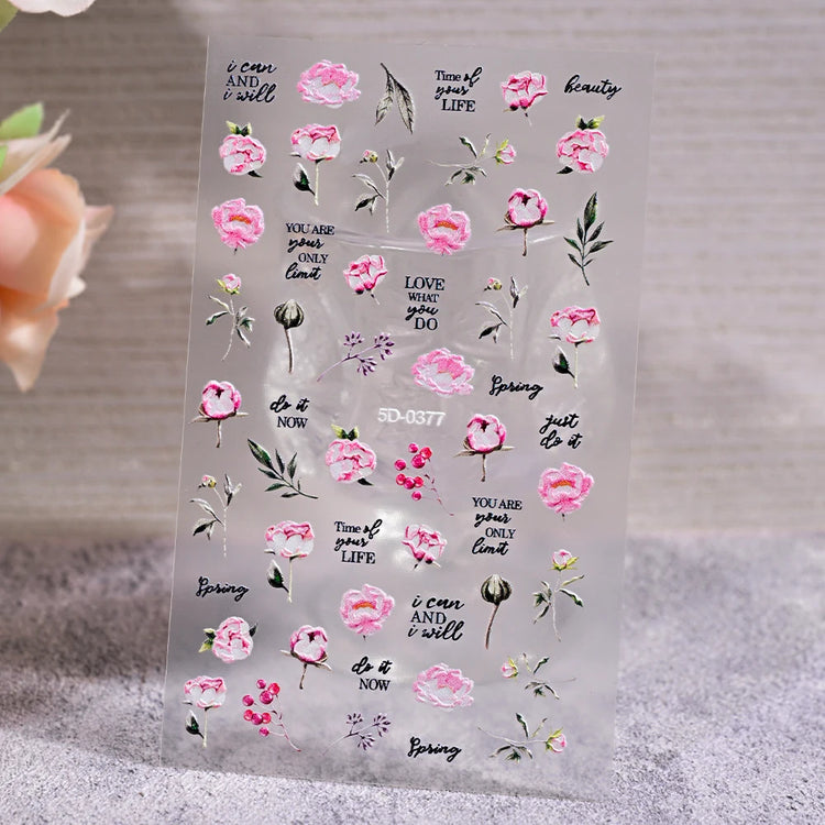 1Pcs 5D Jelly White Lily Red Strawberry Nail Art Sticker Peony Rose Camellia Embossed Nails Decals Delicate Nail Art Decorations