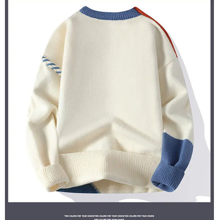 Autumn Winter Warm Mens Knitted Sweaters Fashion Patchwork O Neck Knit Pullovers Korean Streetwear Pullover Casual Mens Clothing