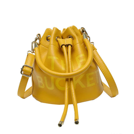 Spring New Fashion Letter PU Leather Bucket Bag Women Simple City Style Shoulder Handbag Trendy Crossbody Satchel Handbag PlatiNum