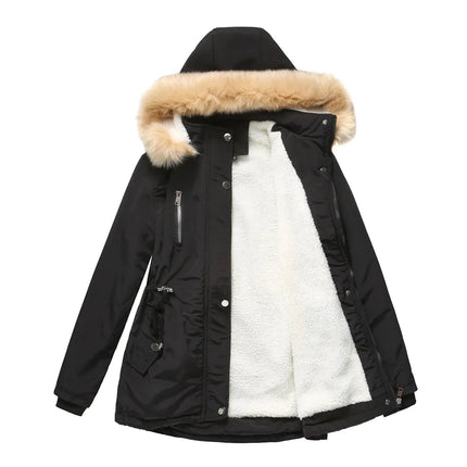 Women's Winter Coat Warm Fleece Lined Parka Detachable Faux Fur Hood Padded Jacket Slim Waist Thick Sherpa Loose Cotton Outwear