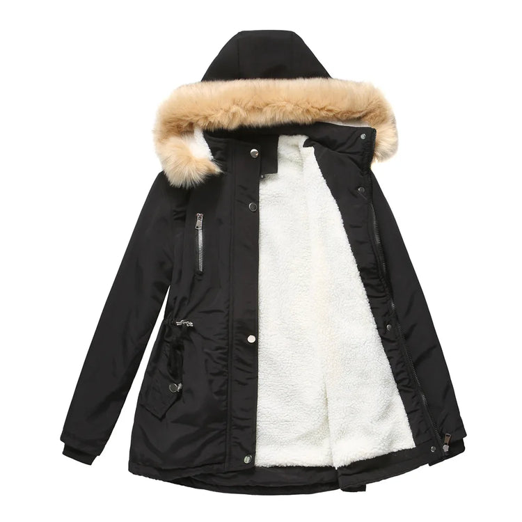 Women's Winter Coat Warm Fleece Lined Parka Detachable Faux Fur Hood Padded Jacket Slim Waist Thick Sherpa Loose Cotton Outwear
