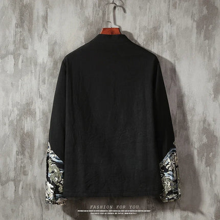 Completo Due Pezzi da Uomo, Nuovo Stile Primaverile in Lino, Comodo Completo Retrò Tang in Cotone Patchwork, Camicia Casual e Giacca Stampata Kung Fu