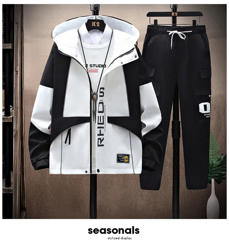 Men's Sets Sportswear Suit Hooded Colorblock Casual patchwork Hooded Jacket + Pants Suit Men's 2-piece Jogger Sweatshirt