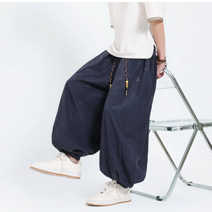 Pantaloni Estivi da Uomo Stile Cinese in Seta Ghiaccio con Motivo Drago Ukiyo-e, Comodi e Trendy, Pantaloni Casual Oversize da Uomo