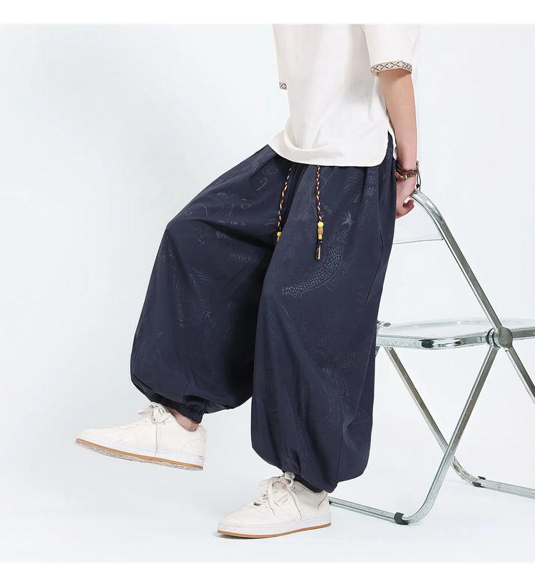 Pantaloni Estivi da Uomo Stile Cinese in Seta Ghiaccio con Motivo Drago Ukiyo-e, Comodi e Trendy, Pantaloni Casual Oversize da Uomo